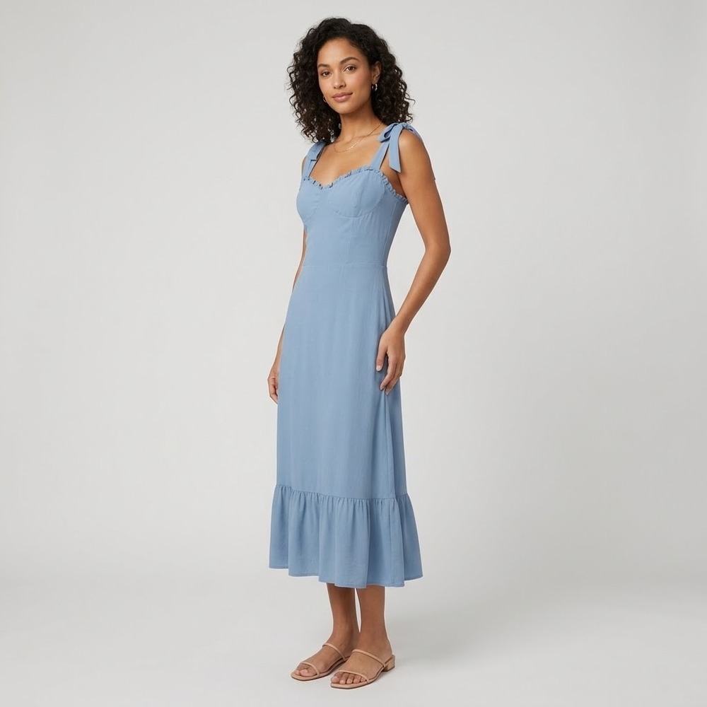 Reformation Nikita Midi Dress Blue Tie Strap Scalloped Size 12